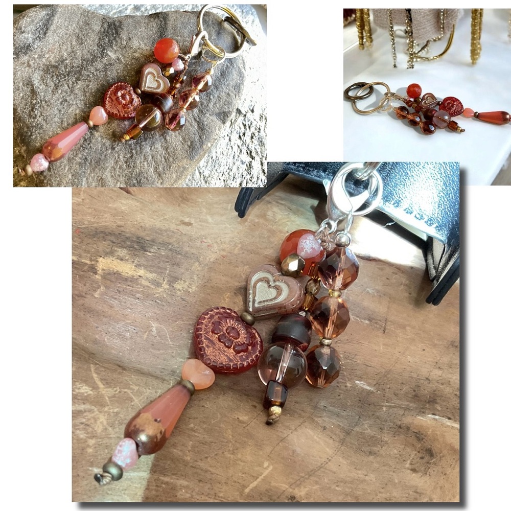 Fancy Handcrafted Czech Beaded Keychain with Heart Charms
